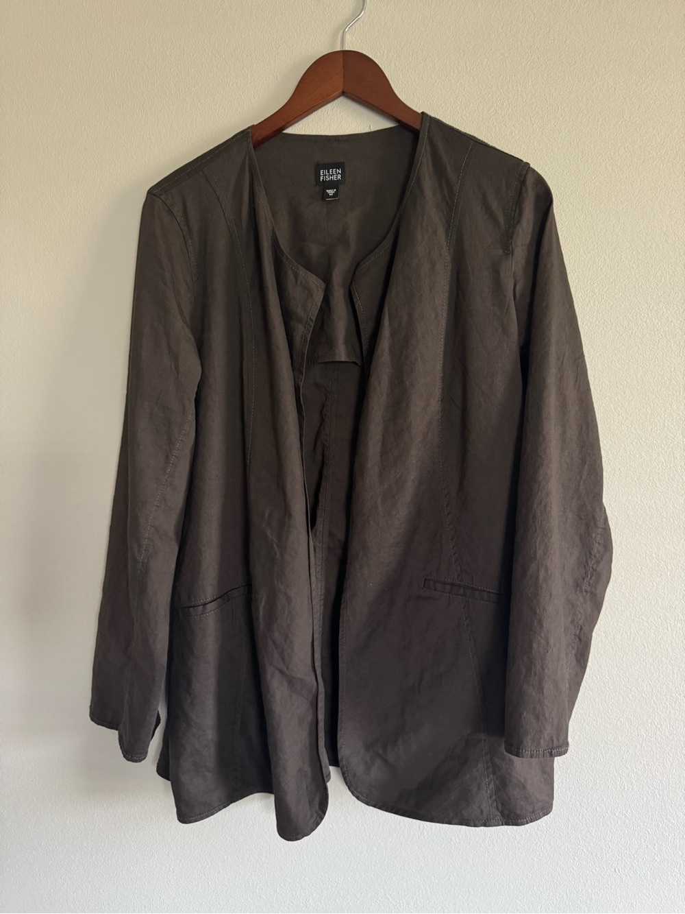 Eileen Fisher Open Front Collarless Jacket Blazer with Pockets Linen Blend